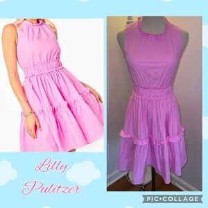 Lilly Pulitzer 00 Elina Stretch Ruffle Midi Dress in Lilac Rose Bright Neon Pink